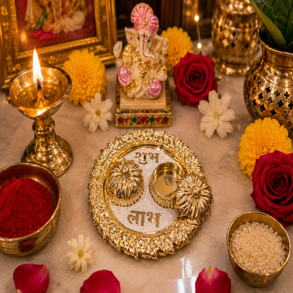 (Combo Of 1 Tilak Plater & Laxmi Ji) Traditional Pooja Thali, Diwali Decoration Sindoor Dibbi For Rakhi Rakshabandhan, Tilak With Kumkum,Haldi Holder Uniqe Decorative Plater