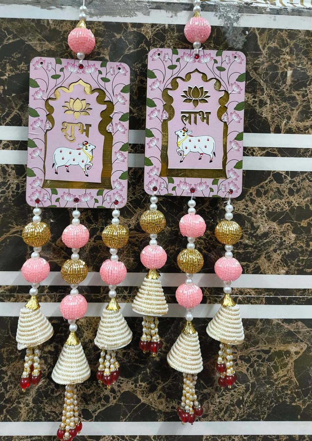 Nutts Handcrafted Shubh Labh MDF Door Hanging with Cow Design Decorative Beaded Tassels Lotus Motif Wall Hanging for Home Entrance Festive Decor Pack of 2 (SMALL115-6) (Light Pink)