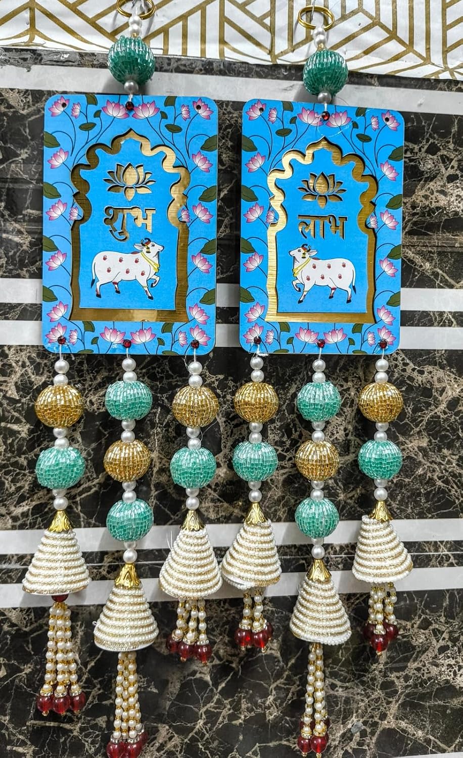 Nutts Handcrafted Shubh Labh MDF Door Hanging with Cow Design Decorative Beaded Tassels Lotus Motif Wall Hanging for Home Entrance Festive Decor Pack of 2 (SMALL115-4) (Blue)
