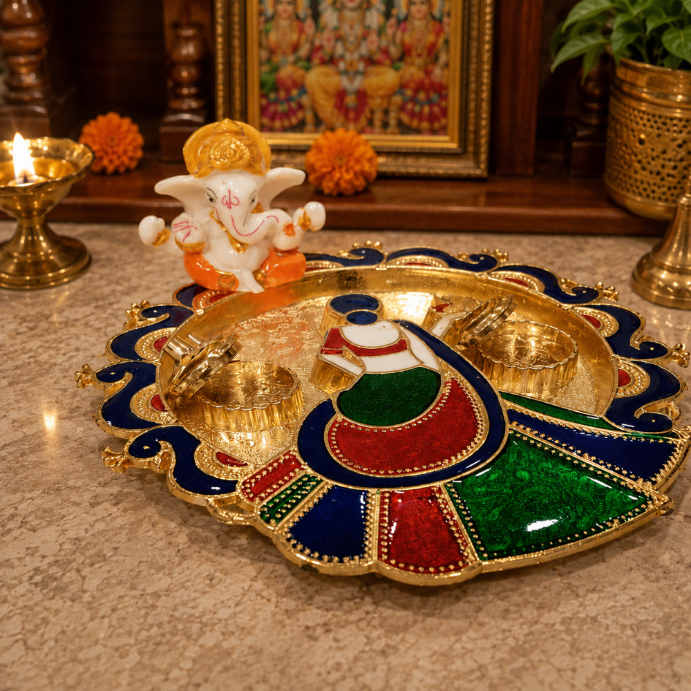 Nutts Decorative Traditional Pooja Thali for Daily Worship Festival Celebration Temple Home Mandir Diwali Navratri Karwa Chauth Elegant Prayer (PoojaP35-1)