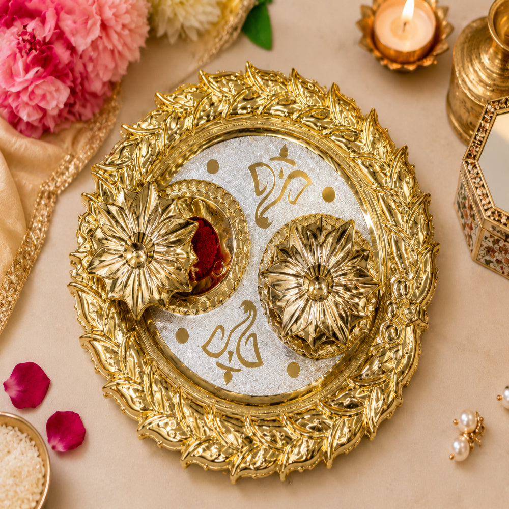 (Combo of 1 Doted Tilak Plater & Kanha Ji) Round Design Traditional Pooja Plater, Sindoor Dibbi for Rakhi Rakshabandhan, Tilak with Kumkum,Haldi Holder Uniqe Decorative Pla