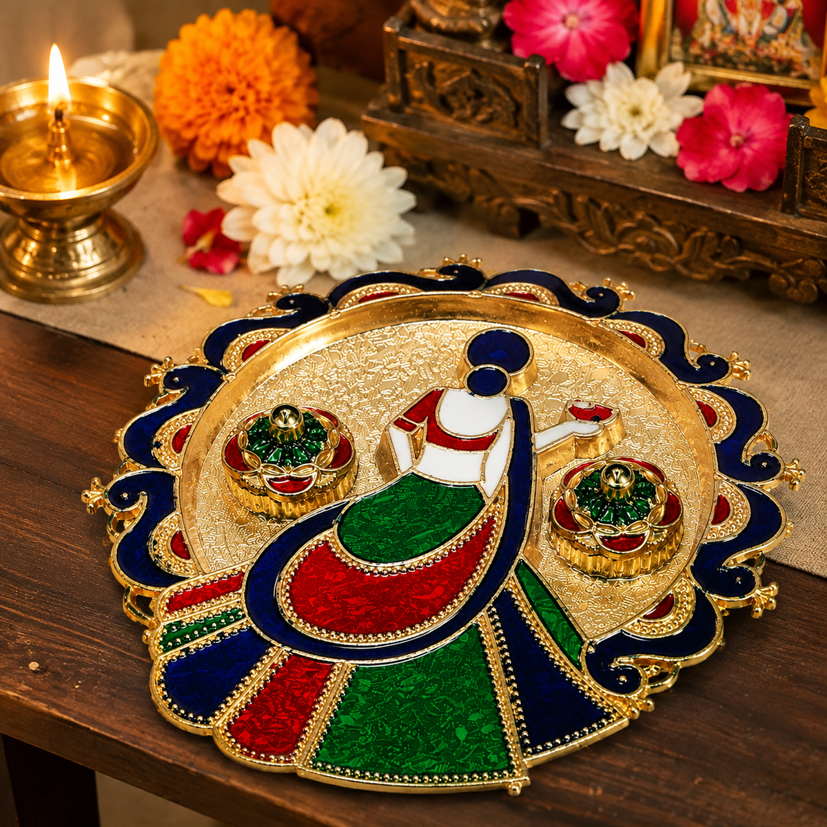 Nutts Decorative Traditional Pooja Thali for Daily Worship Festival Celebration Temple Home Mandir Diwali Navratri Karwa Chauth Elegant Prayer (PoojaP35-3)