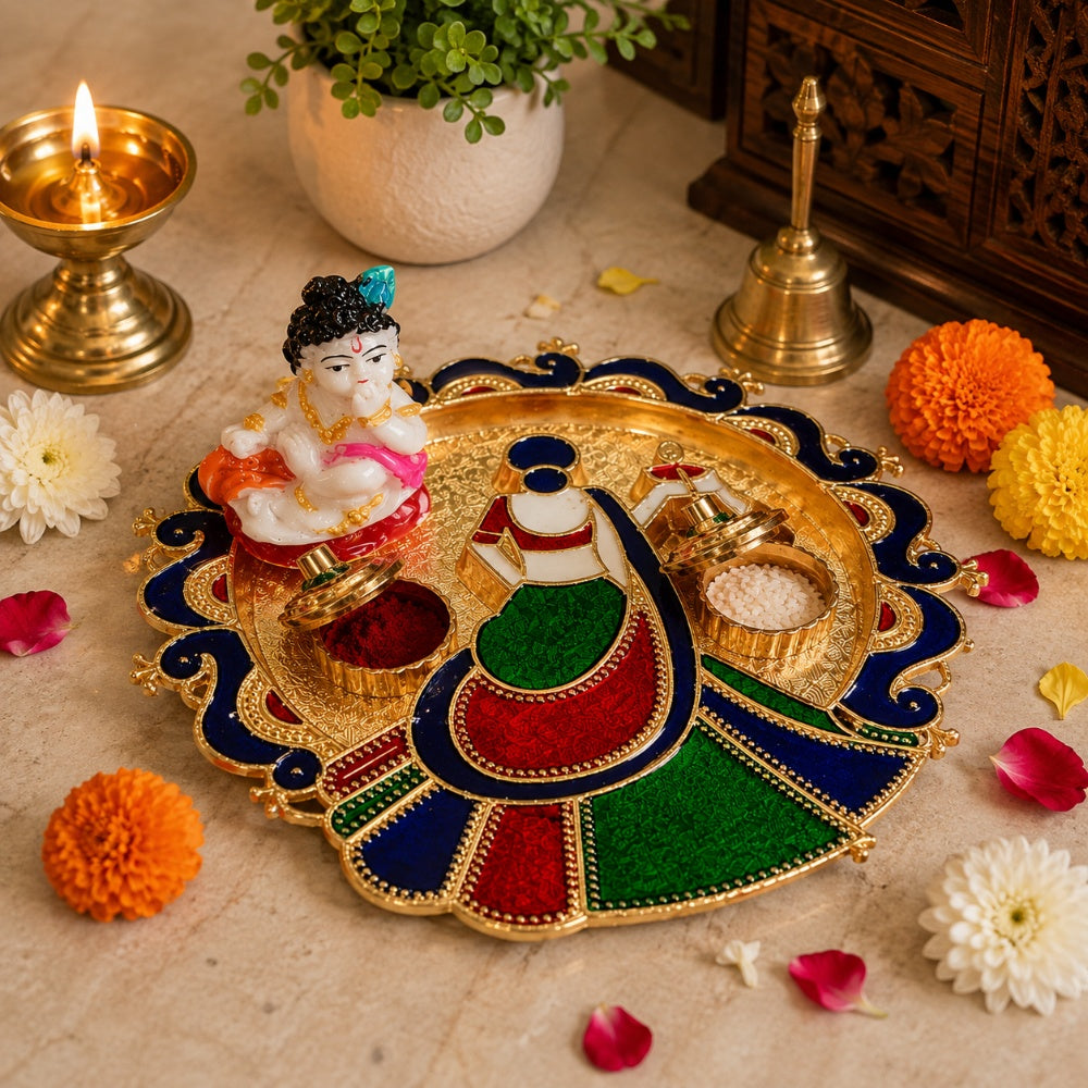 Nutts Decorative Traditional Brass Pooja Thali for Daily Worship Festival Celebration Temple Home Mandir Diwali Navratri Karwa Chauth Elegant Prayer (PoojaP35-4)
