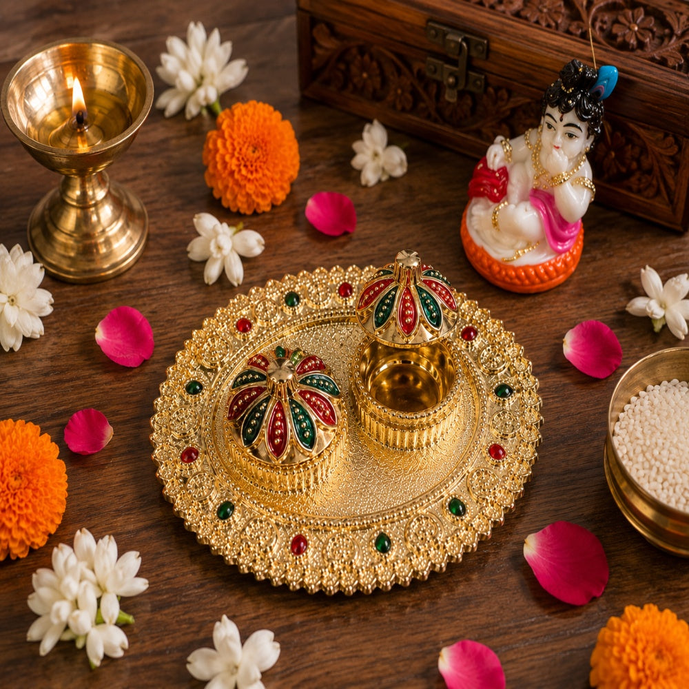 Nutts Decorative Pooja Thali Haldi Kumkum Holder Plate Gifts With Small Lord Set for Sprititual Home & Office Decoration & Gifting (PoojaP40-3)