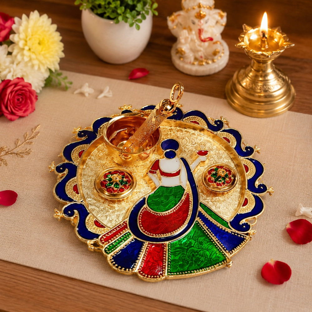 Nutts Decorative Traditional Pooja Thali for Daily Worship Festival Celebration Temple Home Mandir Diwali Navratri Karwa Chauth Elegant Prayer (PoojaP35-2)