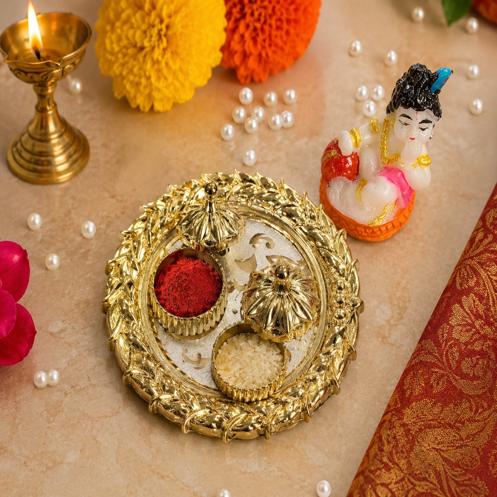 Nutts Traditional Decorative Pooja Thali for Daily Worship Festival Rituals Temple Home Mandir Spiritual Ceremonies Elegant Handmade(Pack Of 1) (PoojaP44)