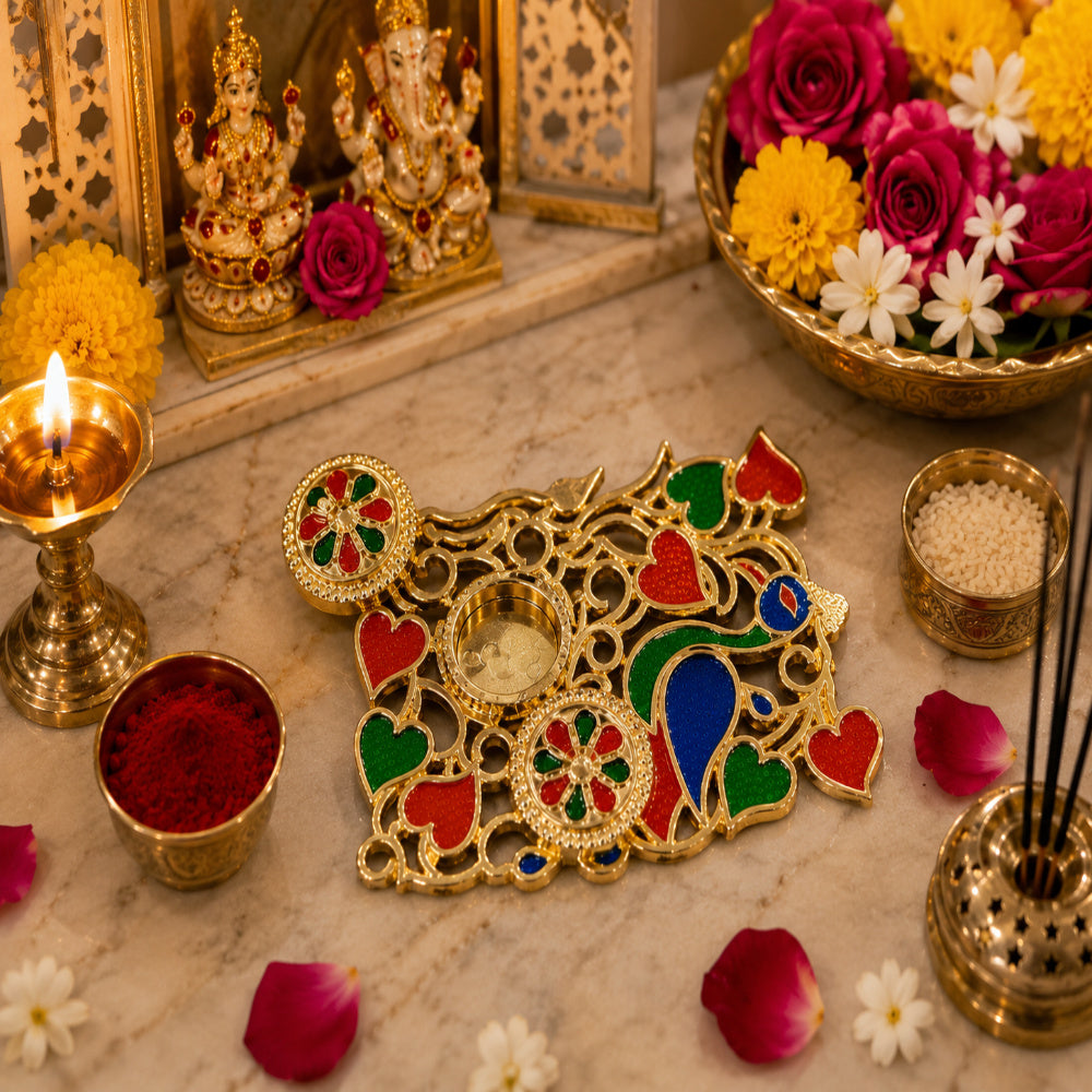 (Combo of 1 Pc Tilak Plater & Laxmi Ji) Petals Pecock Designer Traditional Pooja Plater, Sindoor Dibbi for Rakhi Rakshabandhan, Tilak with Kumkum,Haldi Holder Decorative Plater