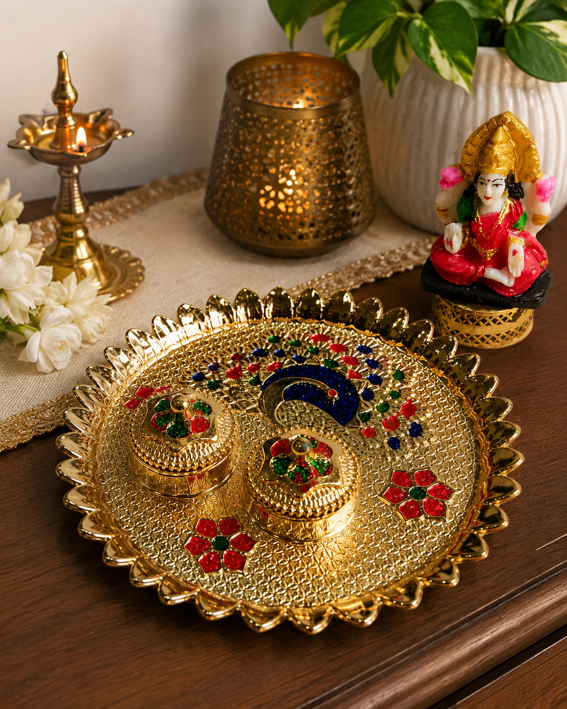 Nutts Decorative Traditional Peacock Pooja Thali with Idol Elegant Festival Prayer Plate for Home Temple Daily Worship Religious Rituals Festive Decoration 1 Plate 1 laksmi ji (PoojaP32-1)