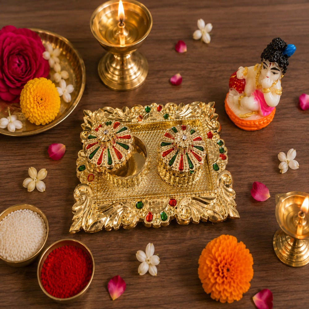 Nutts Handmade Decorative Hindu Pooja Plate Traditional Prayer Thali for Diwali Navratri and Home Decor With Small Lord Set for Home & Office Decoration & Gifting (Krishna Ji Rectangle) (PoojaP39-2)