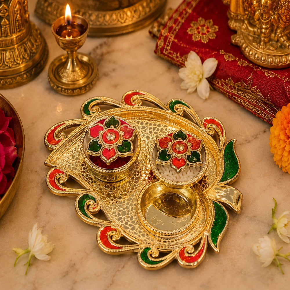 Nutts Decorative Pooja Thali Haldi Kumkum Chandhan Holder Plate Gifts With Small Lord Set for Home & Office Decoration & Gifting (Ganesh Ji Leaf Shape) (PoojaP21-1)