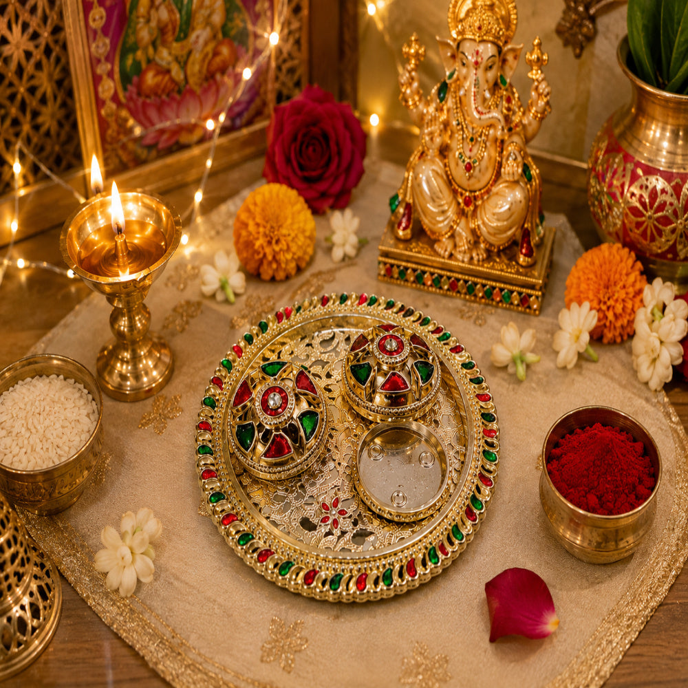(Combo Of 1 Pc Tilak Plater & Laxmi Ji) Traditional Pooja Thali, Diwali Decoration Sindoor Dibbi For Rakhi Rakshabandhan, Tilak With Kumkum,Haldi Holder Uniqe Decorative Plater