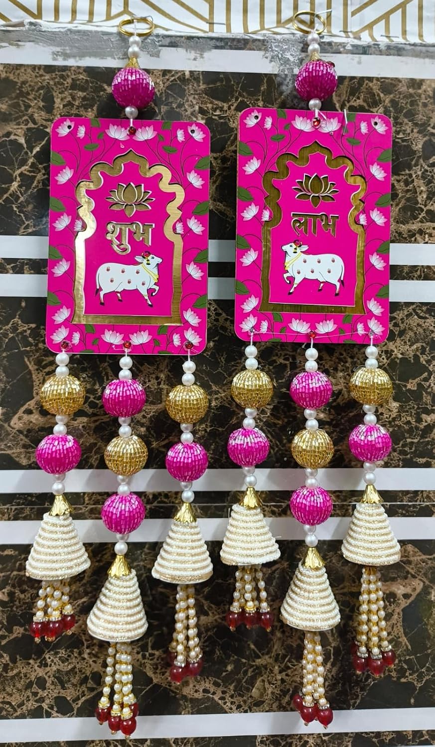 Nutts Handcrafted Shubh Labh MDF Door Hanging with Cow Design Decorative Beaded Tassels Lotus Motif Wall Hanging for Home Entrance Festive Decor Pack of 2 (SMALL115-5) (Pink)