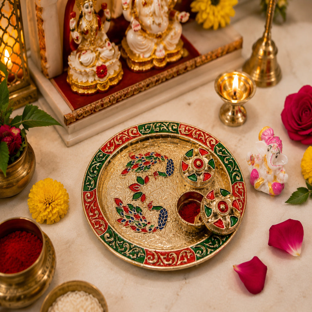 (Combo of 1 Pc Peacock Tilak Plater & Kanha Ji) Pooja Thali, Diwali Decoration Sindoor Dibbi for Rakhi Rakshabandhan, Tilak with Kumkum,Haldi Holder Uniqe Decorative Plater