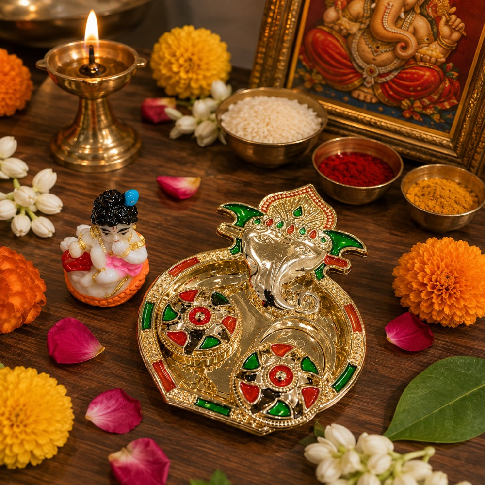 Nutts Decorative Pooja Thali Haldi Kumkum Holder Plate Gifts With Small Lord Set for Pooja Gifting (Krishna Ji ) (PoojaP22-1)