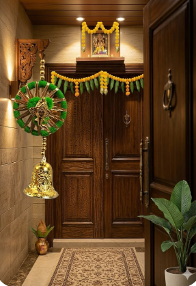Nutts Handmade Wall Door Red Pom Pom String with Golden Beads, Ganesha Heads, Hanging Torans Decoration Item for Home Décor Diwali Festival, Navratri, Wedding (8 inch 12 Strings) (SMALL93)