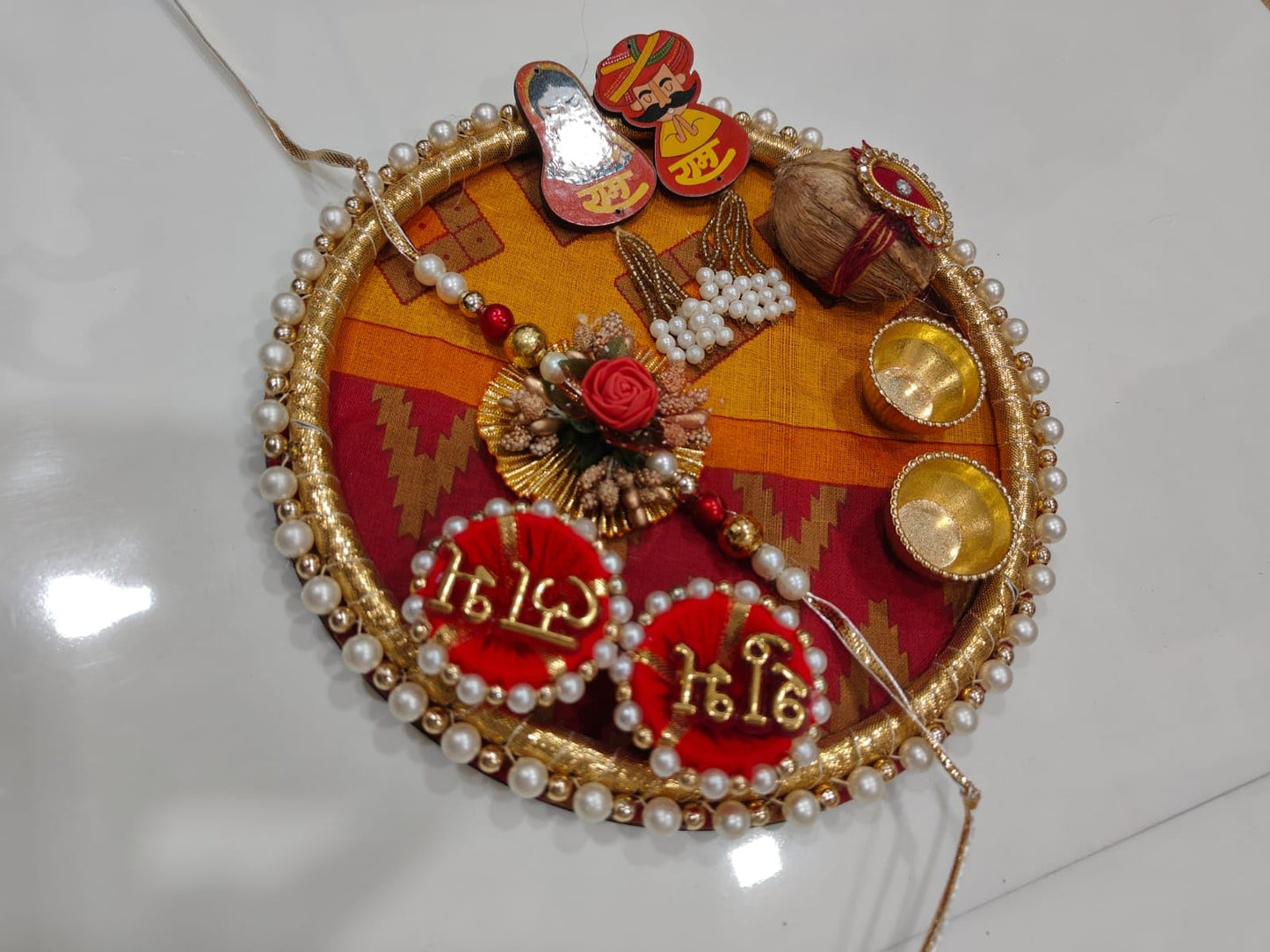 Nutts Handmade Decorative Shubh labh Ram Ram Ji Rakhi Thali For Raksha Bandhan Pooja Plate with Rakhi (RakhiP14)