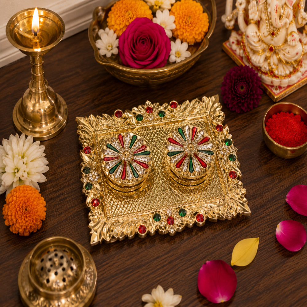 Nutts Decorative Pooja Thali Haldi Kumkum Chandhan Holder Plate Gifts With Small Lord Set for Home & Office Decoration & Gifting (Ganesh Ji Rectangle) (PoojaP39-1)