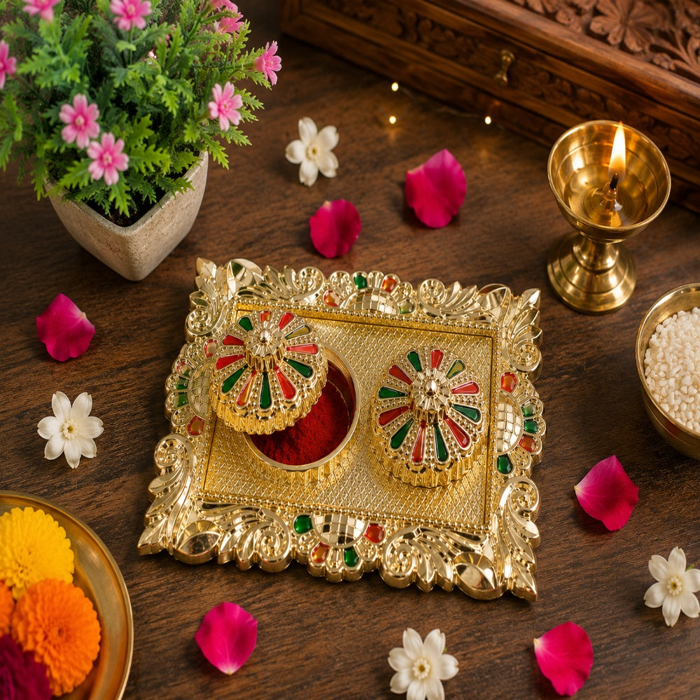 Nutts Artistic Handmade Pooja Thali Decorative Indian Prayer Plate Traditional Festival Home Decor Gift (PoojaP39-1)