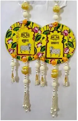 Nutts Handmade Traditional Yellow Lotus MDF Wall Hanging | Cow Design Beads and Tassel Door for Home Decor Hanging Pack of 2 (SMALL116-1)
