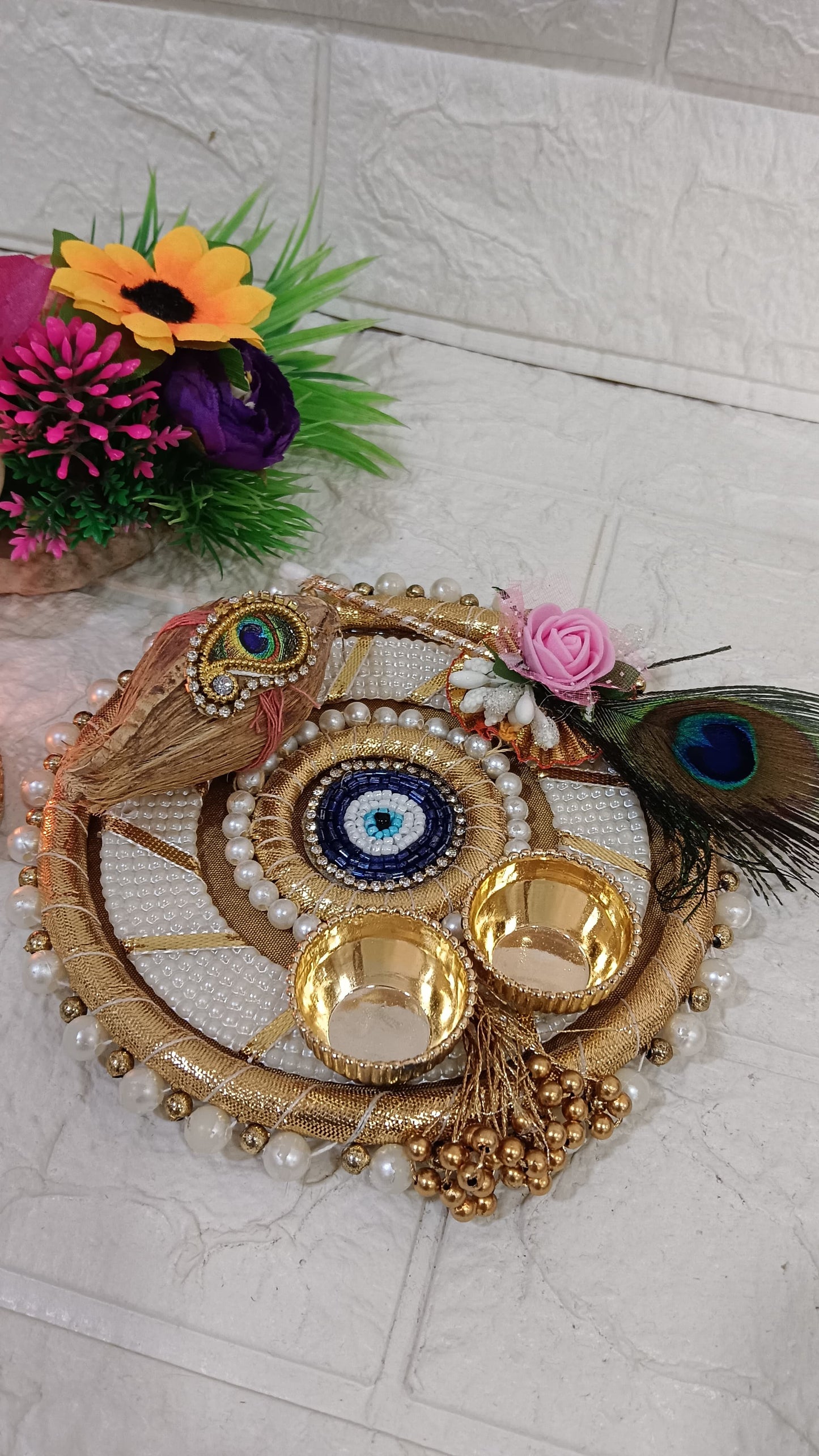 Nutts Decorative Traditional Pooja Festival EvilEye Pooja Plate with Tilak Stick for Daily Worship Temple Home Celebration Spiritual Ritual Use(Pack Of 1) (PoojaP08)
