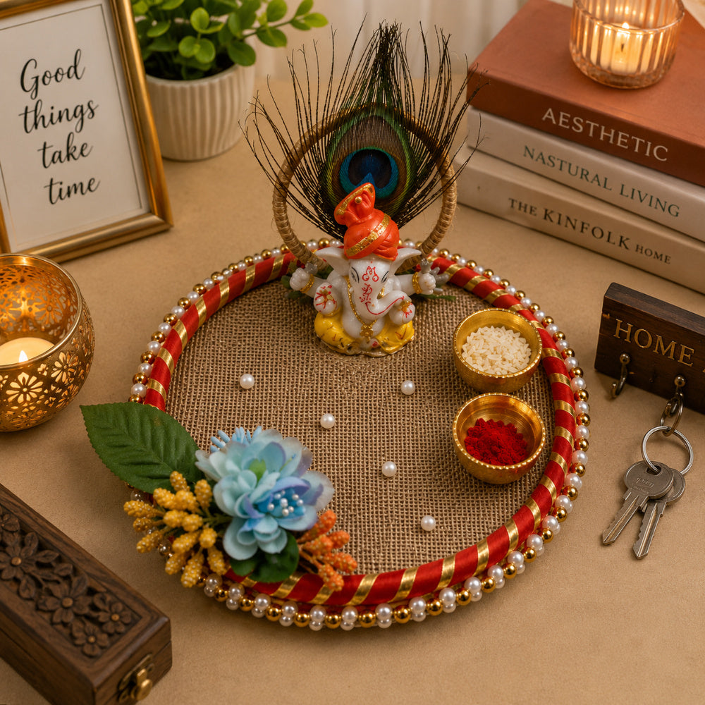 Nutts Traditional Handmade Ganesh ji Pooja Thali Decorative Prayer Plate for Hindu Festivals Home Temple Decor and Gift (PoojaP46)