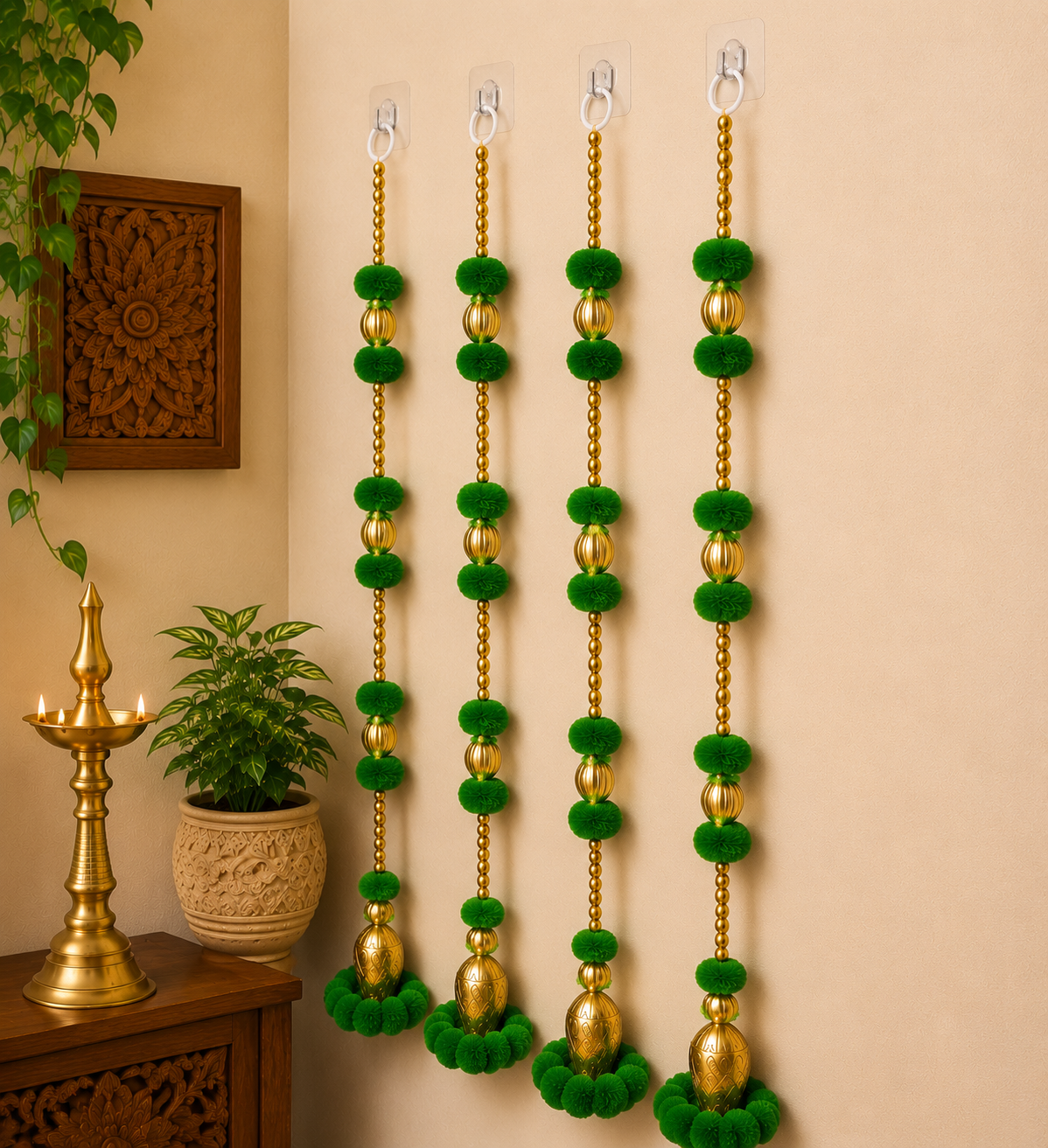 Nutts Handmade Decorative Multicolour Pom-Pom Beads Toran for Decoration | Pom-Pom Beads Bell Toran (PMPMT13-4)