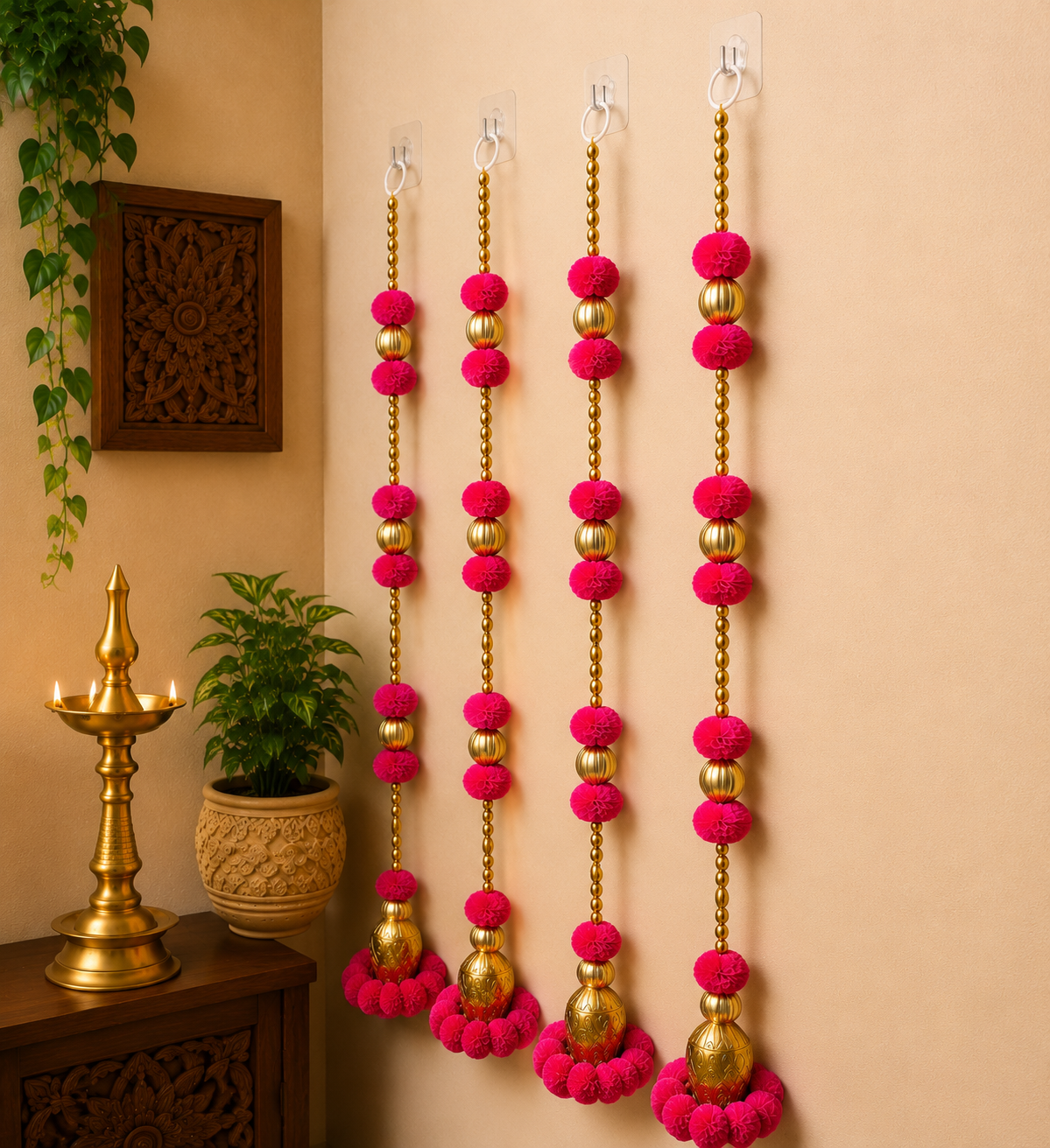 Nutts Handmade Decorative Multicolour Pom-Pom Beads Toran for Decoration | Pom-Pom Beads Bell Toran (PMPMT13-5)