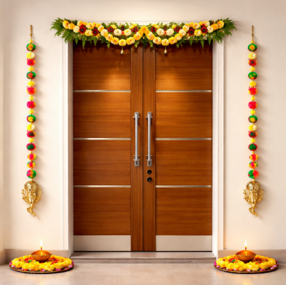Nutts Handmade Wall Door Pom Pom String with Golden Beads, Ganesha Heads, Garland Bandhwar Decoration Item for Home Décor Diwali Festival, Navratri, Wedding (12 inch 12 Strings) (SMALL85)
