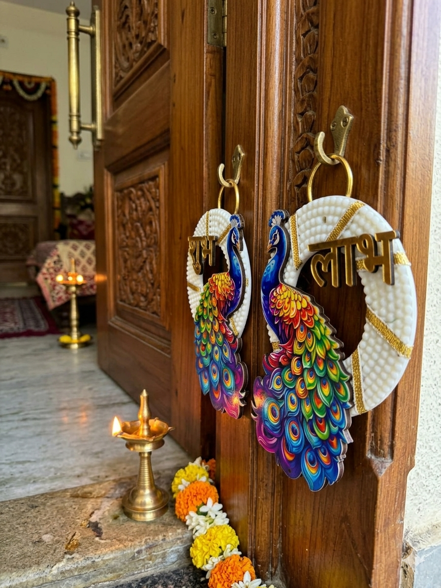 Click to see full view Product Image Product Image Product Image Product Image Nutts Decorative Handmade Traditional Shubh labh Peacock Small Hanging for Decoration Multicolour Hanging Shubh-Labh Toran for Festive Decor (Pack of 2)