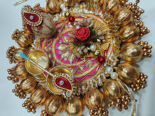 Nutts Handmade DecorativeGota Ball Patra Rakhi Thali Raksha Bandhan Pooja Plate with Rakhi (RakhiP12)