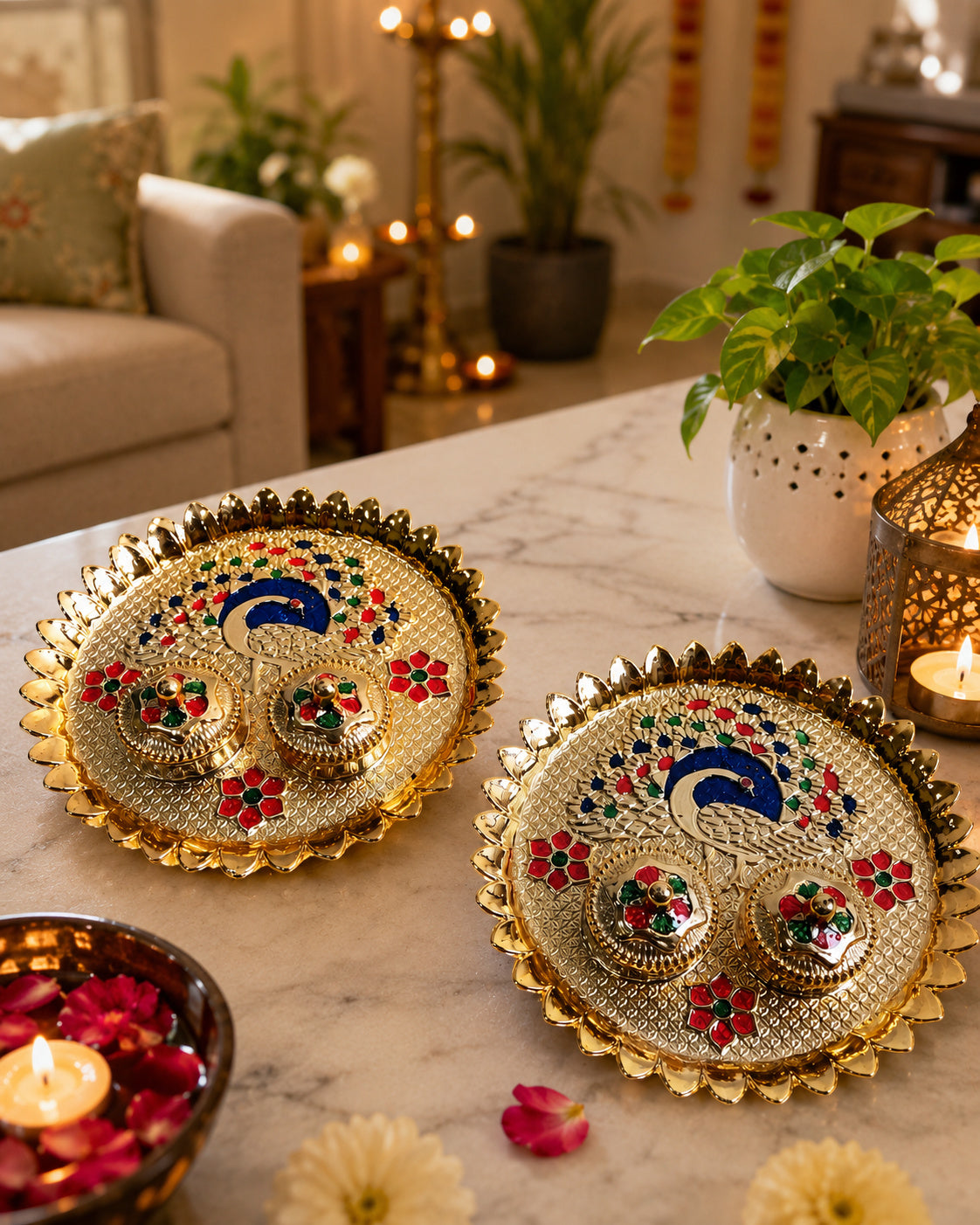 Nutts Decorative Traditional Peacock Pooja Thali Elegant Festival Prayer Plate for Home Temple Daily Worship Religious Rituals Festive Decoration (PoojaP32-2)