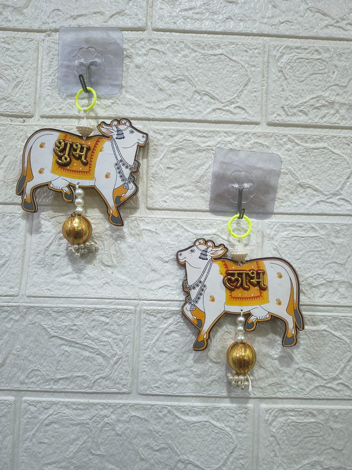 Handmade MDF Cow Pichwai Shubh Labh Hanging | Side Door & Wall Hanging with Latkan | Traditional Indian Decor | Goodluck & Prosperity Hanging for Entrance Pack of 2 (SMALL127)