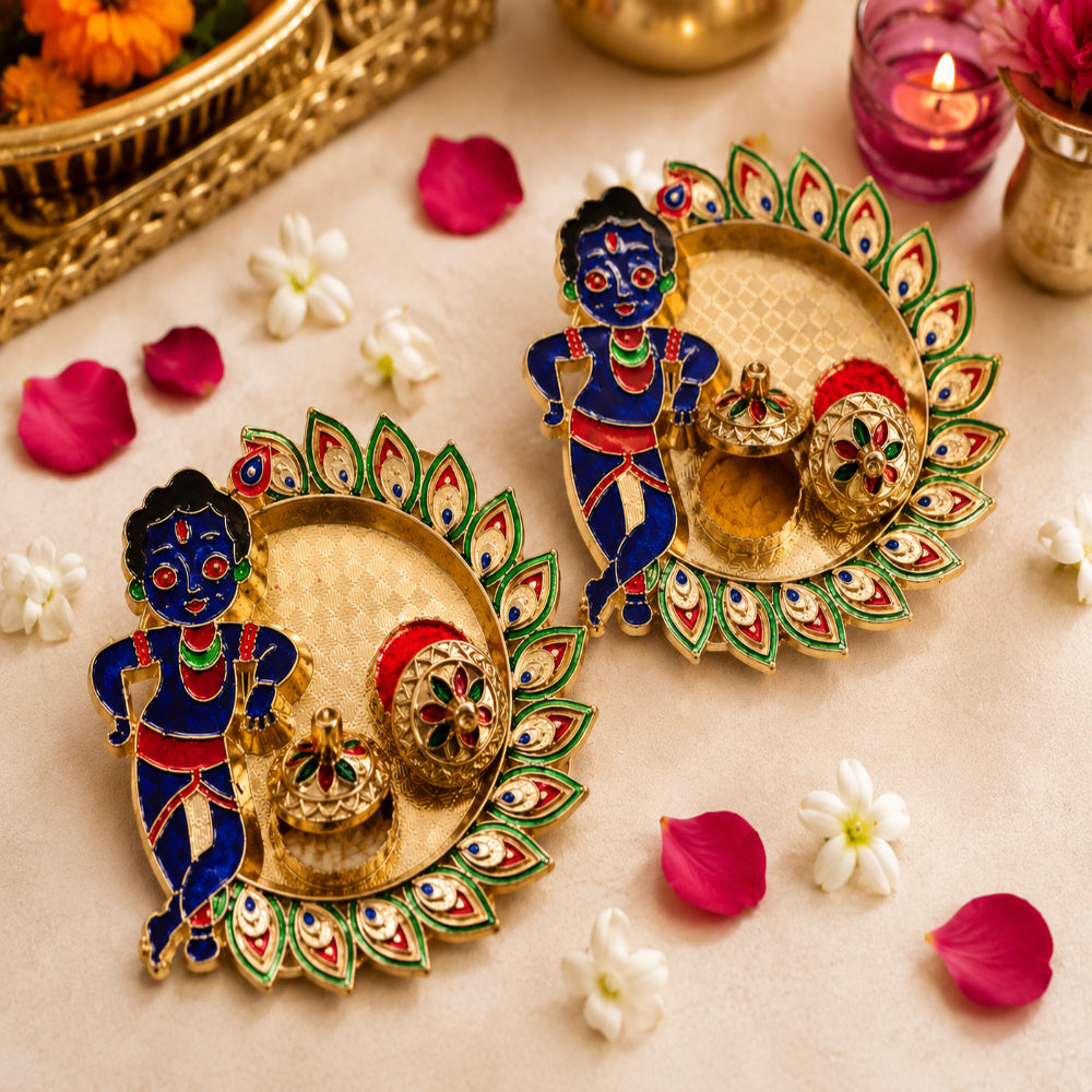 Nutts Traditional Decorative Krishna ji Pooja Thali for Daily Worship Festival Rituals Temple Home Mandir Spiritual Ceremonies Elegant Handmade(Pack Of 1) (PoojaP43)