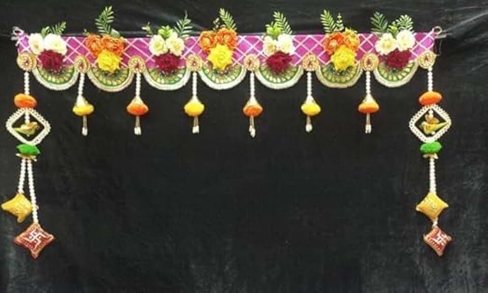 Handmade Artificial Flower & Pom Pom Latkan with Shubh Labh Cushion Bandhanwar | Decorative Hanging Wedding,Home,Office, Festivals is Very Useful