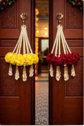 Nutts Artificial Velvet Rose Flower Red & Yellow Handmade Hanging | Pearl Strings & Tassels for Decoration Home & Mandap Hanging Pack of 2 (SMALL42)
