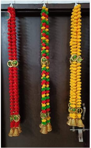 Nutts Handmade Decorative Door Hanging with Yellow Floral Motifs Pom Poms Beads and Tassel for Main Door Pooja Room Festival Home Decoration (PMPMT143)