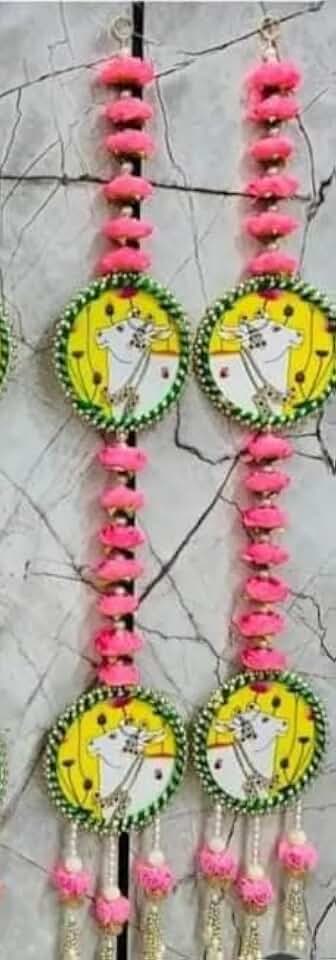 Peony with Cow MDF Hanging for | Festival Decoration | Diwali,Janmastami Decoration | Wedding Decor (Pink)