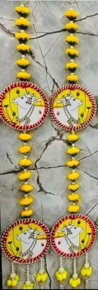 Peony with Cow MDF Hanging for | Festival Decoration | Diwali,Janmastami Decoration | Wedding Decor (Yellow)