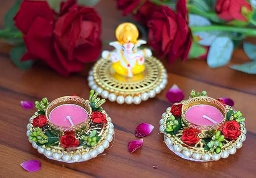 Sellplus Handmade Floral Rose Pearl Decorative Tealight Candle Holder Festival Pooja Home Decor Centerpiece Elegant Reusable Gift Art Craft Set of 1 (Tealight-384)