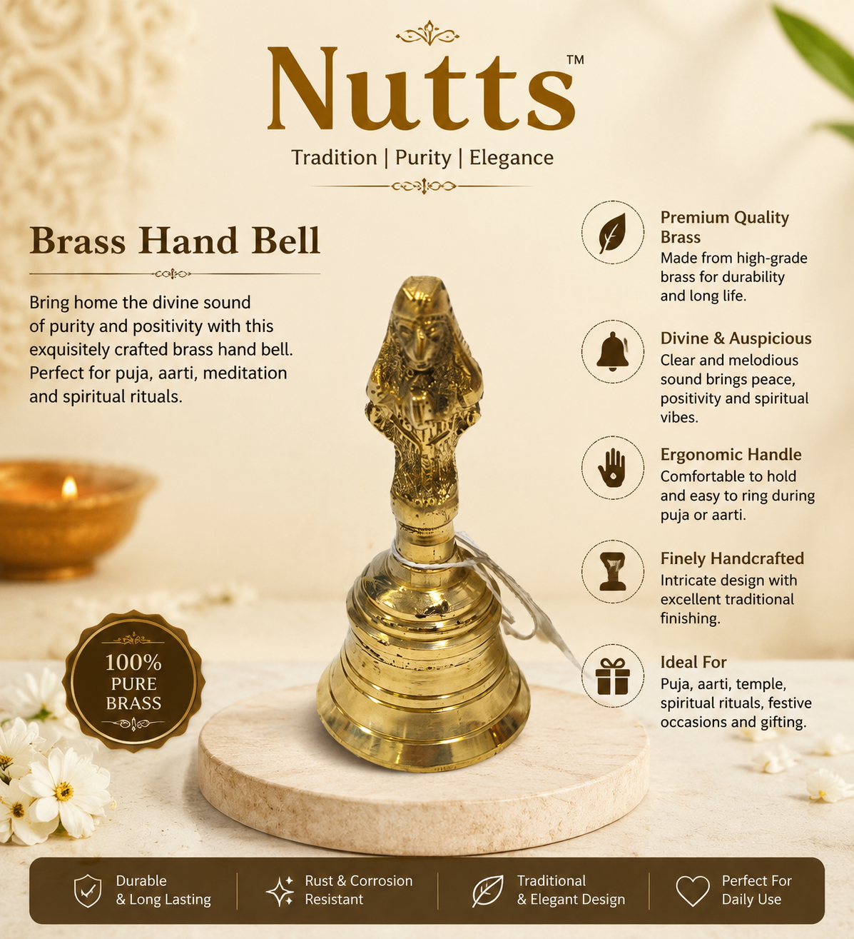 Nutts Brass Goddess Pooja Ghanti Temple Bell for Daily Prayer Home / Pooja Room Mandir Decoration (Pack of 1) (NF-PoojaM-04)