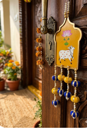 Cow Painting Latkan Hanging Diwali Decorations Wall Door Hanging Toran for Door Rajasthani Home Living Room Decoration (Pack of 2)