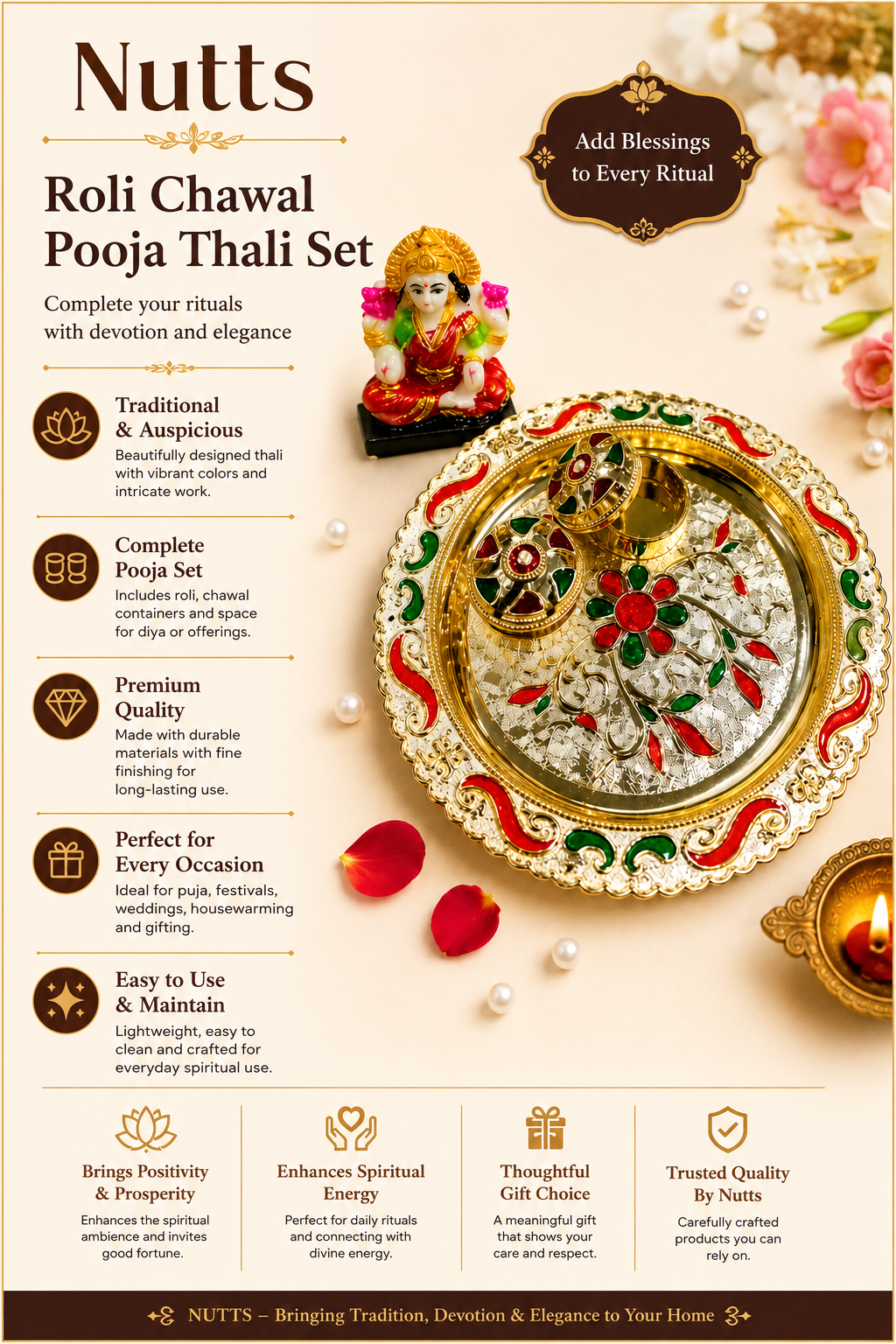 Nutts Decorative Pooja Thali Haldi Kumkum Chandhan Holder Plate Gifts With Small Lord Set for Home & Office Decoration & Gifting (Ganesh Ji) (PoojaP14-3)