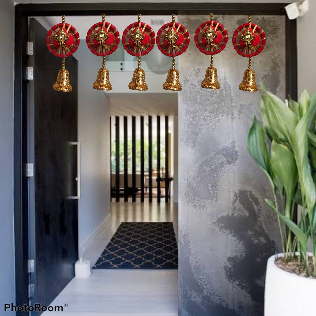 Nutts Handmade Wall Door Red Pom Pom String with Golden Beads, Ganesha Heads, Hanging Torans Garland Bandhwar Decoration Item for Home Décor Diwali Festival, Navratri, Wedding Pack of 12 (SMALL93)
