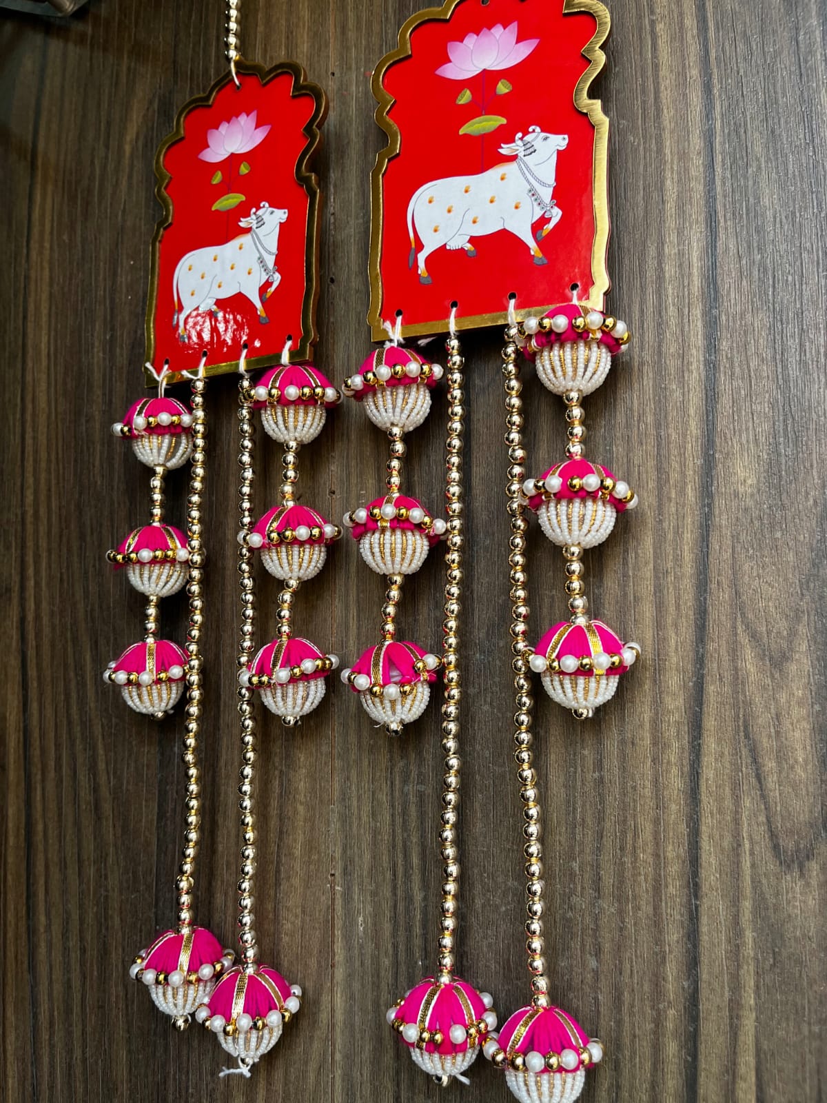 Nutts Handcrafted Cow MDF Door Hanging Wall Decor | Pink Tassels Traditional Home Entrance Decorative Latkan Pack of 2 (SMALL80-4)