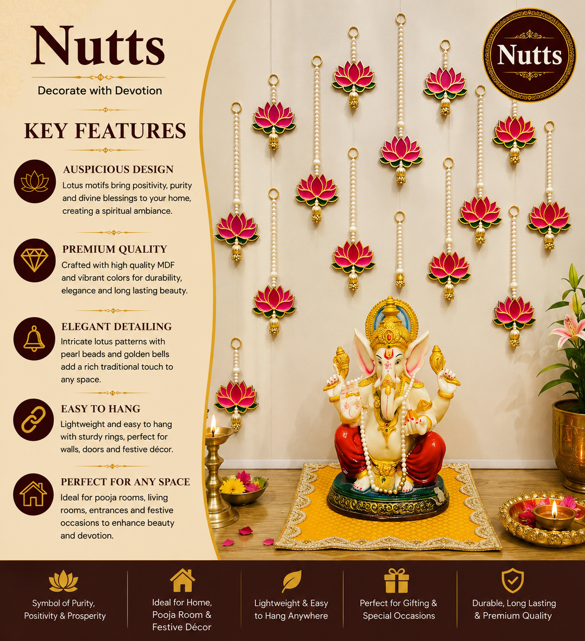 Nutts Lotus Hanging Ideal For Festive Home Decoration Perfect For Diwali And Special Occasions Enhances Wall Decor With Traditional Design