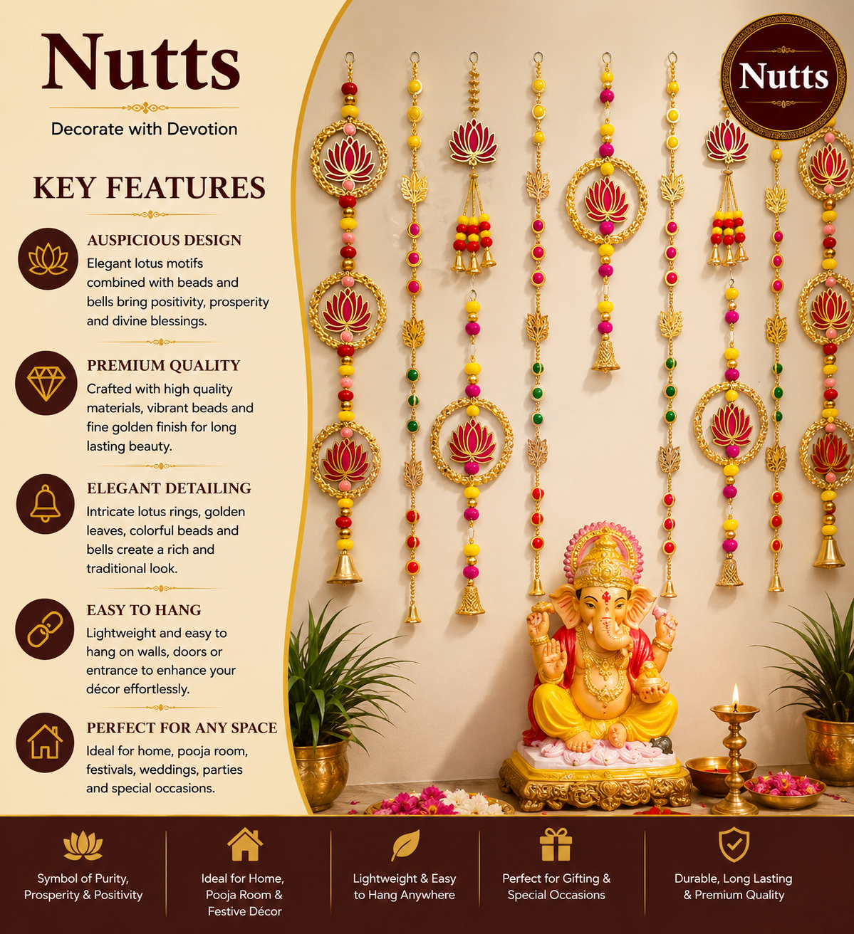 Nutts Lotus Wall Hanging Premium Decorative Piece For Modern Home Decor Suitable For Living Room Bedroom And Pooja Space