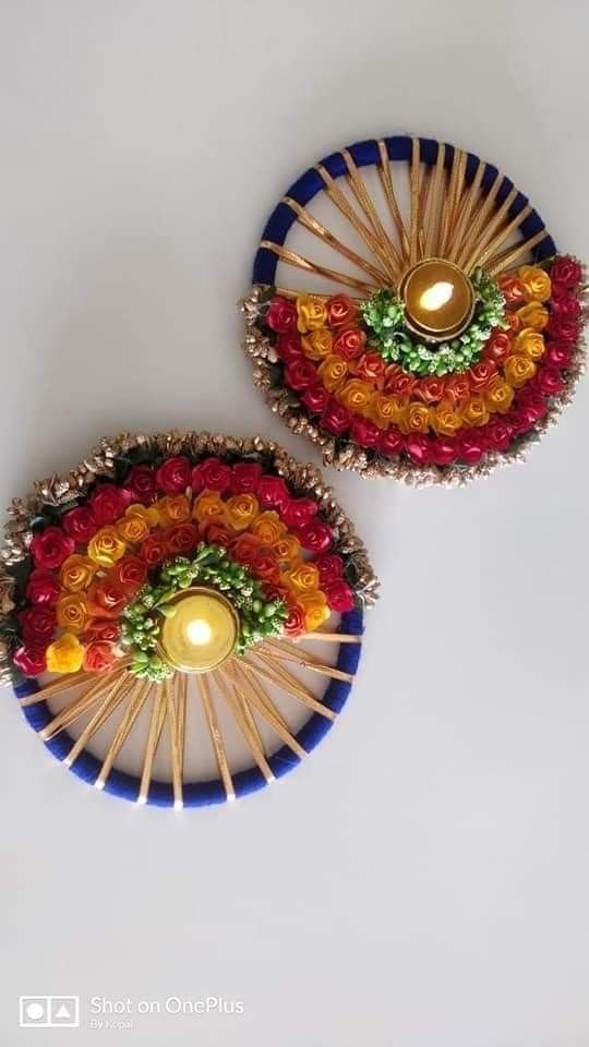 Sellplus Decorative Gota Chudi with Rose Tealight Holder | Decoration for Home | Office | Diwali | Pooja | Diwali & All Special Festival Decor (Tealight-252) (Pack of 2)(Tealight-252)