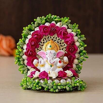 Lord Ganesha Idol on Handcrafted Green Floral Plate, God Idol for Home Decoration, Ganesh Chaturthi
