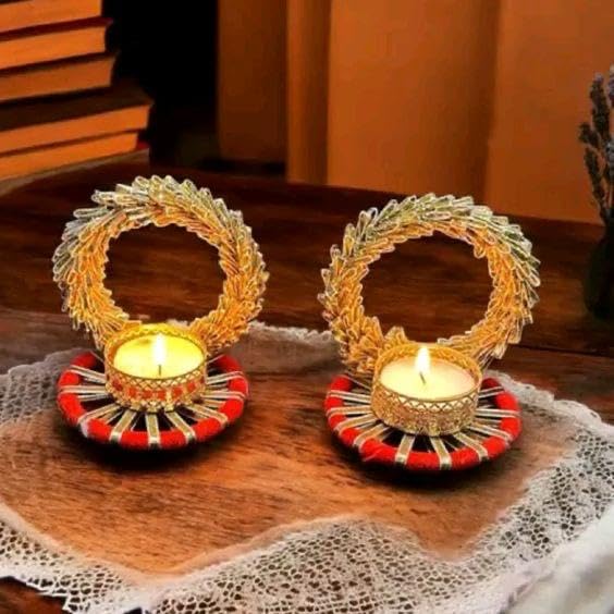 Sellplus Decorative Lace Chudi Tealight Holder | Decoration for Home | Office | Diwali | Pooja | Diwali & All Special Festival Decor (Tealight-136) (Pack of 2)