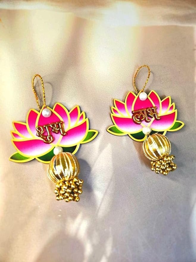 Nutts Handmade Decorative Multicolour Traditional Shubh Labh MDF Lotus Gota Ball Tessel Hanging for Decoration | Lotus Hanging for Diwali and Festive Decoration (Lotus 141)